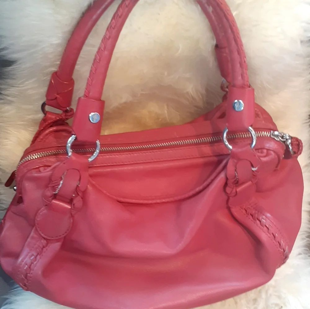 Cole Haan Hobo Apple red Leather purse satchel Tassel Braid trim